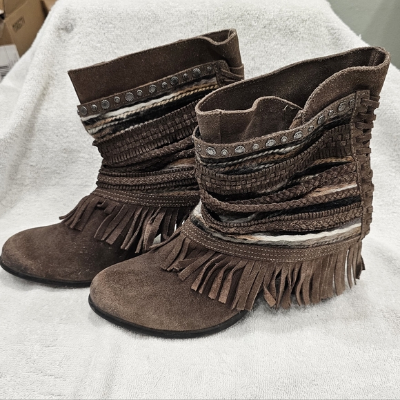 Naughty Monkey Brown Suede Strappy Corset Fringe Boho Hippie Ankle Boots - Picture 2 of 7